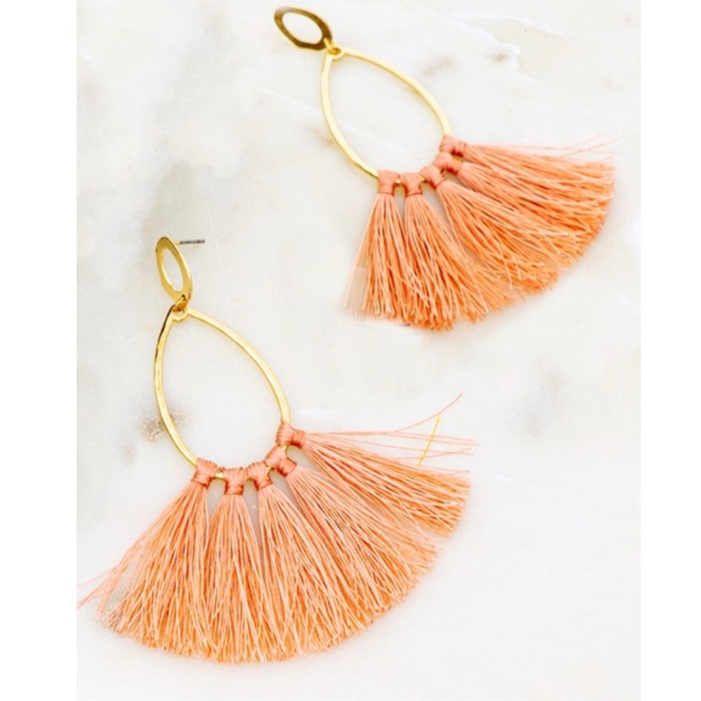 Pink Teardrop Hammered Gold Hoop Tassel Earrings - Picture 1 of 3